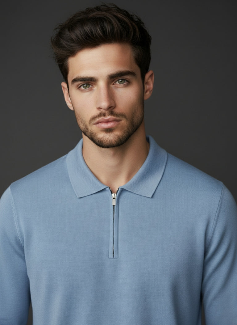 Nova Zip Imported Sky Blue Polo