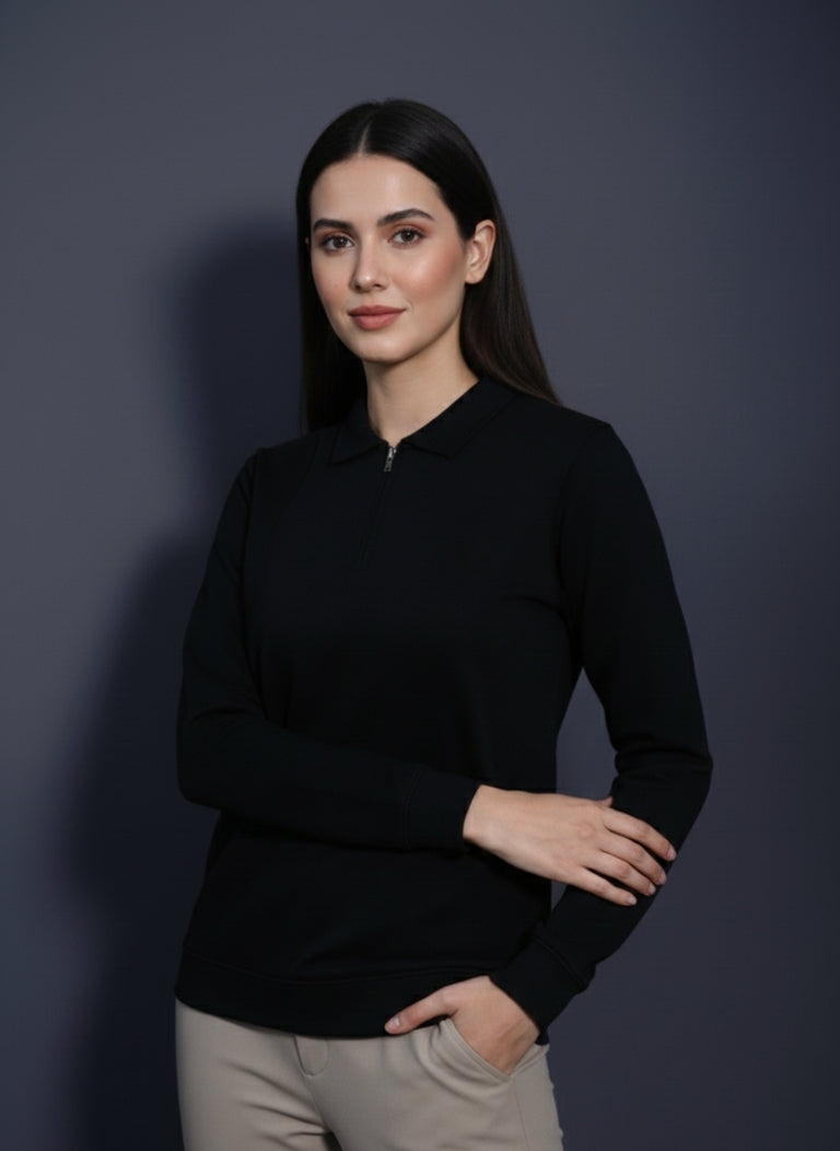 Nova Zip Imported Black Woman's Polo